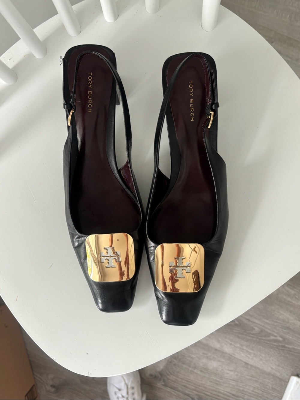 Tory Burch Black Leather Slingback Flats with Gold Logo Accent